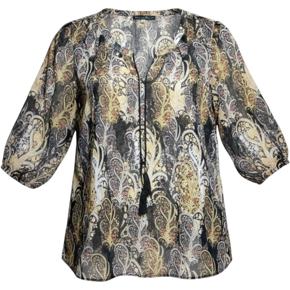 Rose & Olive Womens 2X Paisley Tassel Tie Blouse Sheer Boho Top Mustard Black